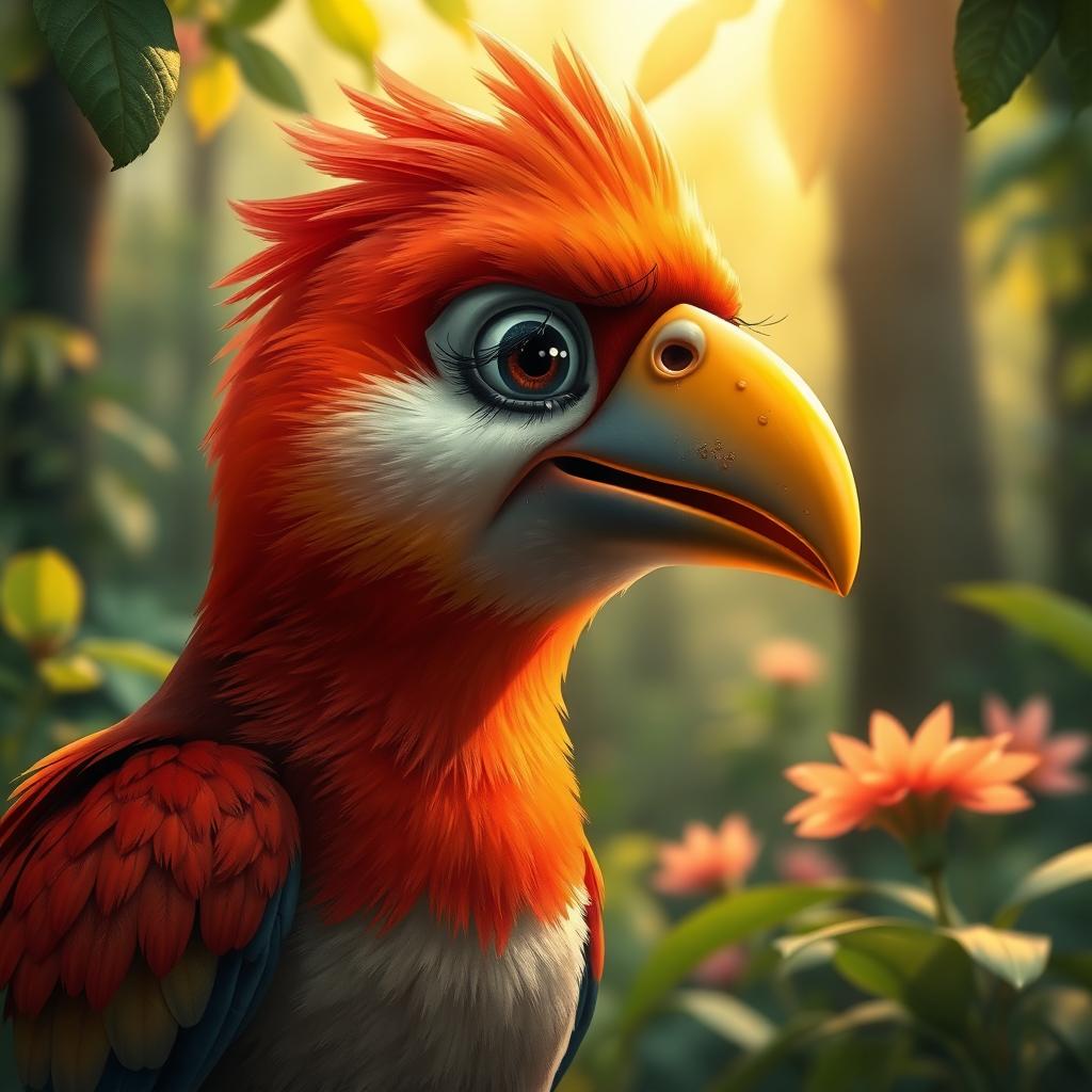 A vibrant and emotional scene depicting a bird that has just realized her golden beak is missing