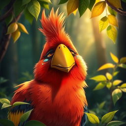 A vibrant and emotional scene depicting a bird that has just realized her golden beak is missing