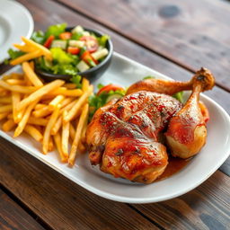 A delicious plate of Peruvian Pollo a la Brasa served with crispy French fries and fresh salad, beautifully arranged on a rustic wooden table