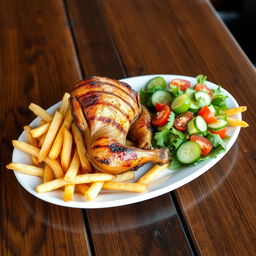 A delicious plate of Peruvian Pollo a la Brasa served with crispy French fries and fresh salad, beautifully arranged on a rustic wooden table