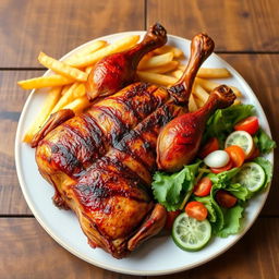 A delicious plate of Peruvian Pollo a la Brasa served with crispy French fries and fresh salad, beautifully arranged on a rustic wooden table