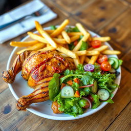 A delicious plate of Peruvian Pollo a la Brasa served with crispy French fries and fresh salad, beautifully arranged on a rustic wooden table