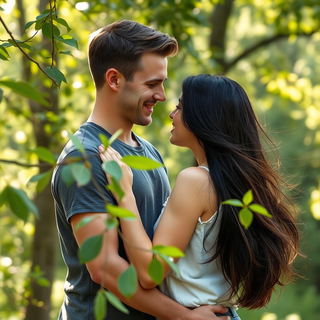 A realistic and intimate photo of a couple sharing a tender moment