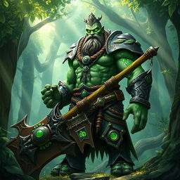 A majestic Goliath paladin of the ancients, standing proudly in a lush, enchanted forest
