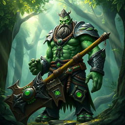 A majestic Goliath paladin of the ancients, standing proudly in a lush, enchanted forest