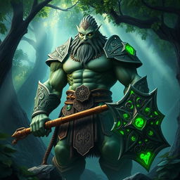 A majestic Goliath paladin of the ancients, standing proudly in a lush, enchanted forest