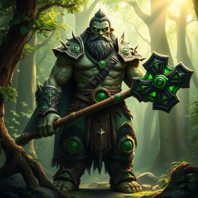 A majestic Goliath paladin of the ancients, standing proudly in a lush, enchanted forest