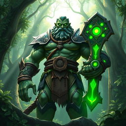 A majestic Goliath paladin of the ancients, standing proudly in a lush, enchanted forest