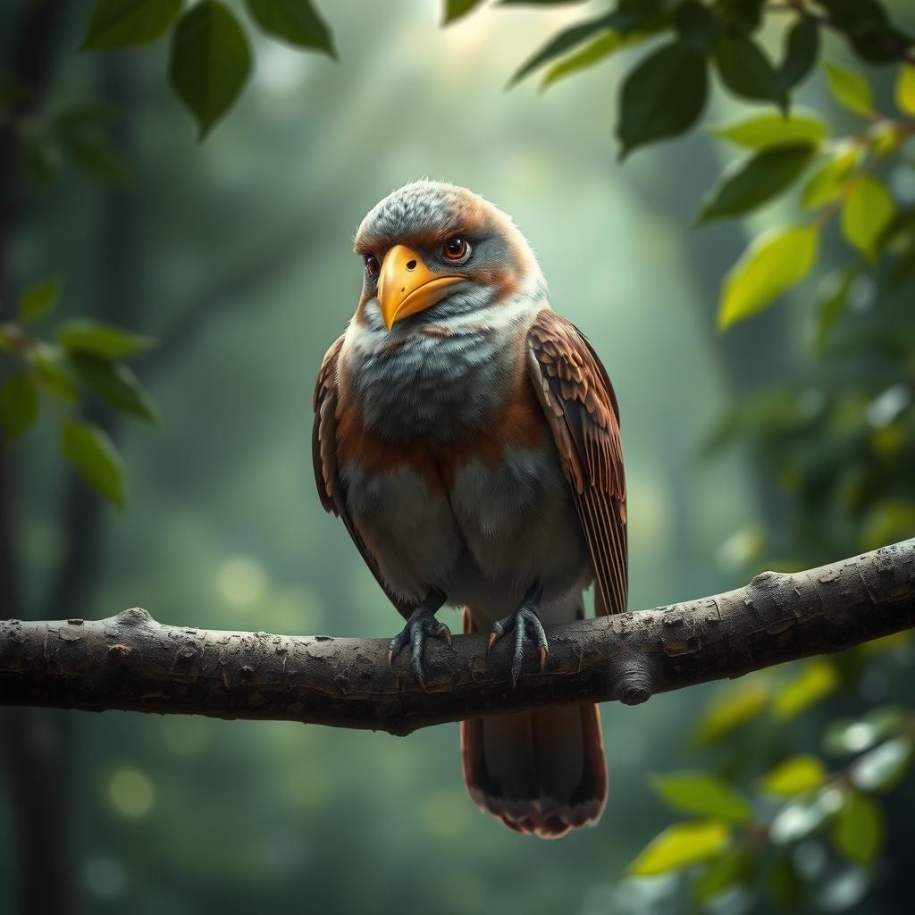 a bird with a sorrowful expression, sitting on a branch