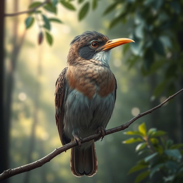 a bird with a sorrowful expression, sitting on a branch