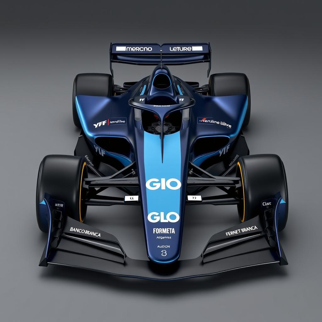 Design of the GLO single-seater Formula 1 car styled like a 2022 F1 model, featuring an elegant and aggressive livery