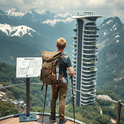 A young architect with blond hair stands on an observation deck, facing away