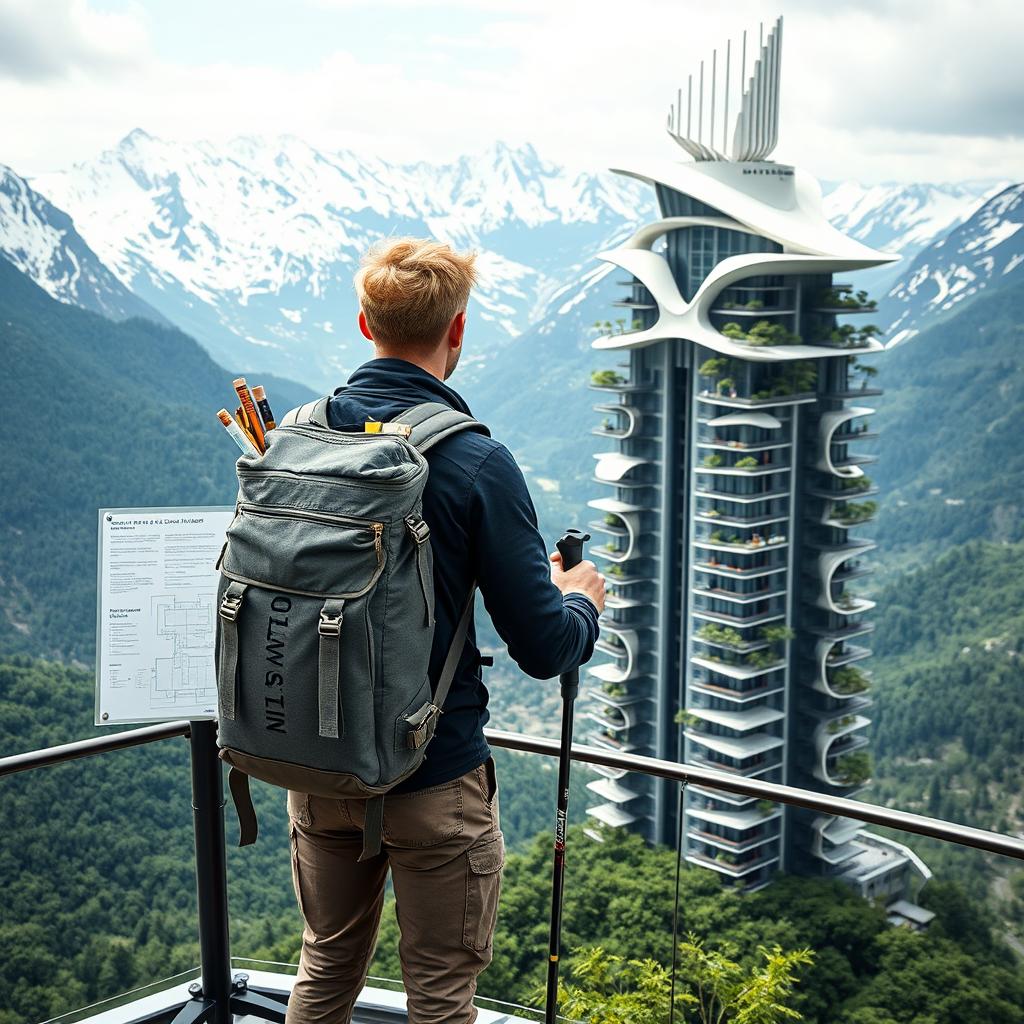 A young architect with blond hair stands on an observation deck, facing away