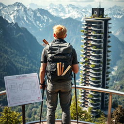 A young architect with blond hair stands on an observation deck, facing away