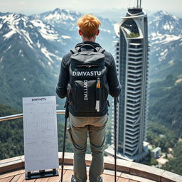 A young architect with blond hair stands on an observation deck, facing away