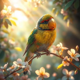 A beautiful bird awakening to a startling realization, noticing its golden beak covering has vanished