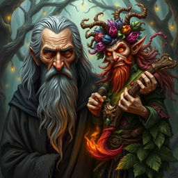 An worried old warlock, his face etched with deep lines of worry and experience, standing alongside the chaotic and wild Trickster Archfey Hyrsam