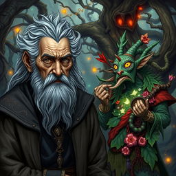 An worried old warlock, his face etched with deep lines of worry and experience, standing alongside the chaotic and wild Trickster Archfey Hyrsam