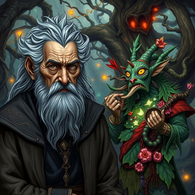 An worried old warlock, his face etched with deep lines of worry and experience, standing alongside the chaotic and wild Trickster Archfey Hyrsam