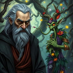 An worried old warlock, his face etched with deep lines of worry and experience, standing alongside the chaotic and wild Trickster Archfey Hyrsam