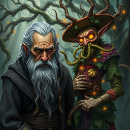 An worried old warlock, his face etched with deep lines of worry and experience, standing alongside the chaotic and wild Trickster Archfey Hyrsam