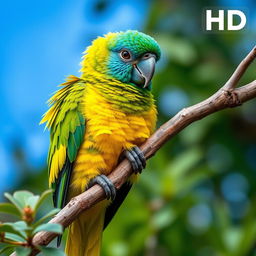 Full HD image of a colorful Kakapo parrot perched on a branch