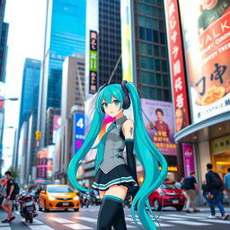 Hatsune Miku, the iconic vocaloid character, on a bustling city street scene