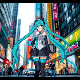 Hatsune Miku, the iconic vocaloid character, on a bustling city street scene