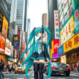 Hatsune Miku, the iconic vocaloid character, on a bustling city street scene