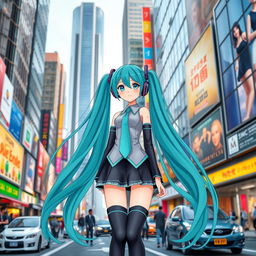 Hatsune Miku, the iconic vocaloid character, on a bustling city street scene