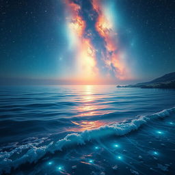 A breathtaking depiction of a celestial ocean under a starlit sky