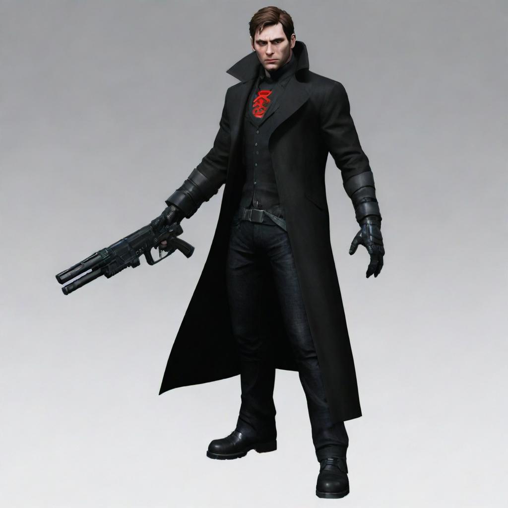 Generate an image of Alex Mercer in his distinct black coat and equipped with his iconic biomorphic weapons from the game Prototype.