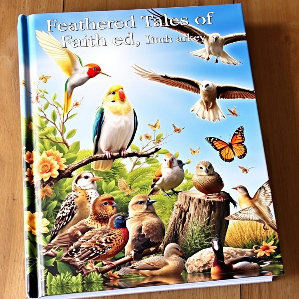 An intricately detailed book cover titled "Feathered Tales of Faith" showcasing a lush, vibrant natural scene