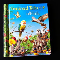 An intricately detailed book cover titled "Feathered Tales of Faith" showcasing a lush, vibrant natural scene