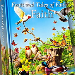 An intricately detailed book cover titled "Feathered Tales of Faith" showcasing a lush, vibrant natural scene