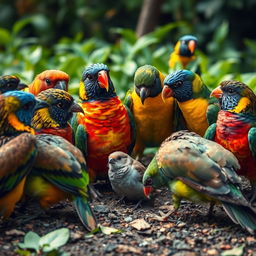 A group of colorful birds gathered around a small sparrow, showing concern and sympathy for the misfortune it experienced