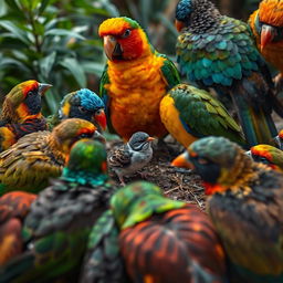 A group of colorful birds gathered around a small sparrow, showing concern and sympathy for the misfortune it experienced