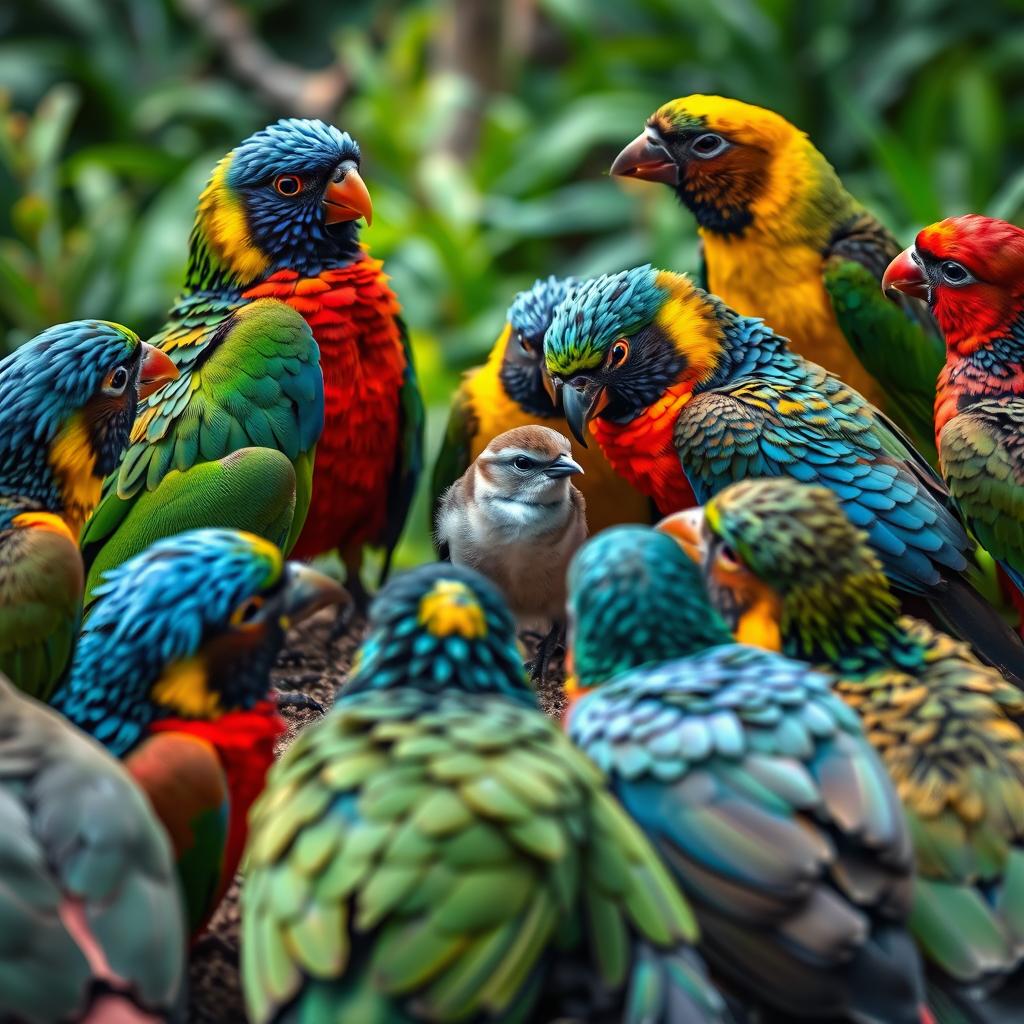 A group of colorful birds gathered around a small sparrow, showing concern and sympathy for the misfortune it experienced