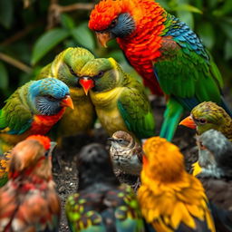 A group of colorful birds gathered around a small sparrow, showing concern and sympathy for the misfortune it experienced