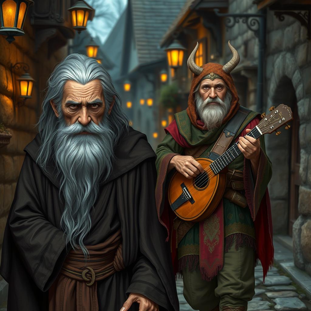 An worried old warlock, his face carrying the lines of stress and experience, standing alongside a musician Archfey traveller who is currently in human form