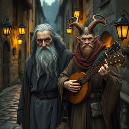 An worried old warlock, his face carrying the lines of stress and experience, standing alongside a musician Archfey traveller who is currently in human form