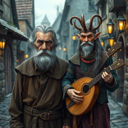 An worried old warlock, his face carrying the lines of stress and experience, standing alongside a musician Archfey traveller who is currently in human form