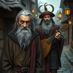 An worried old warlock, his face carrying the lines of stress and experience, standing alongside a musician Archfey traveller who is currently in human form