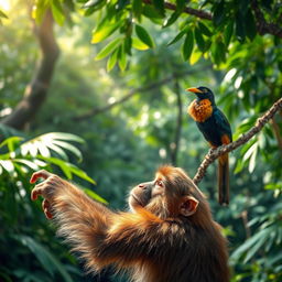 A monkey in the jungle is pointing towards the far end, where a rare myna bird with a golden beak perches on a tree branch