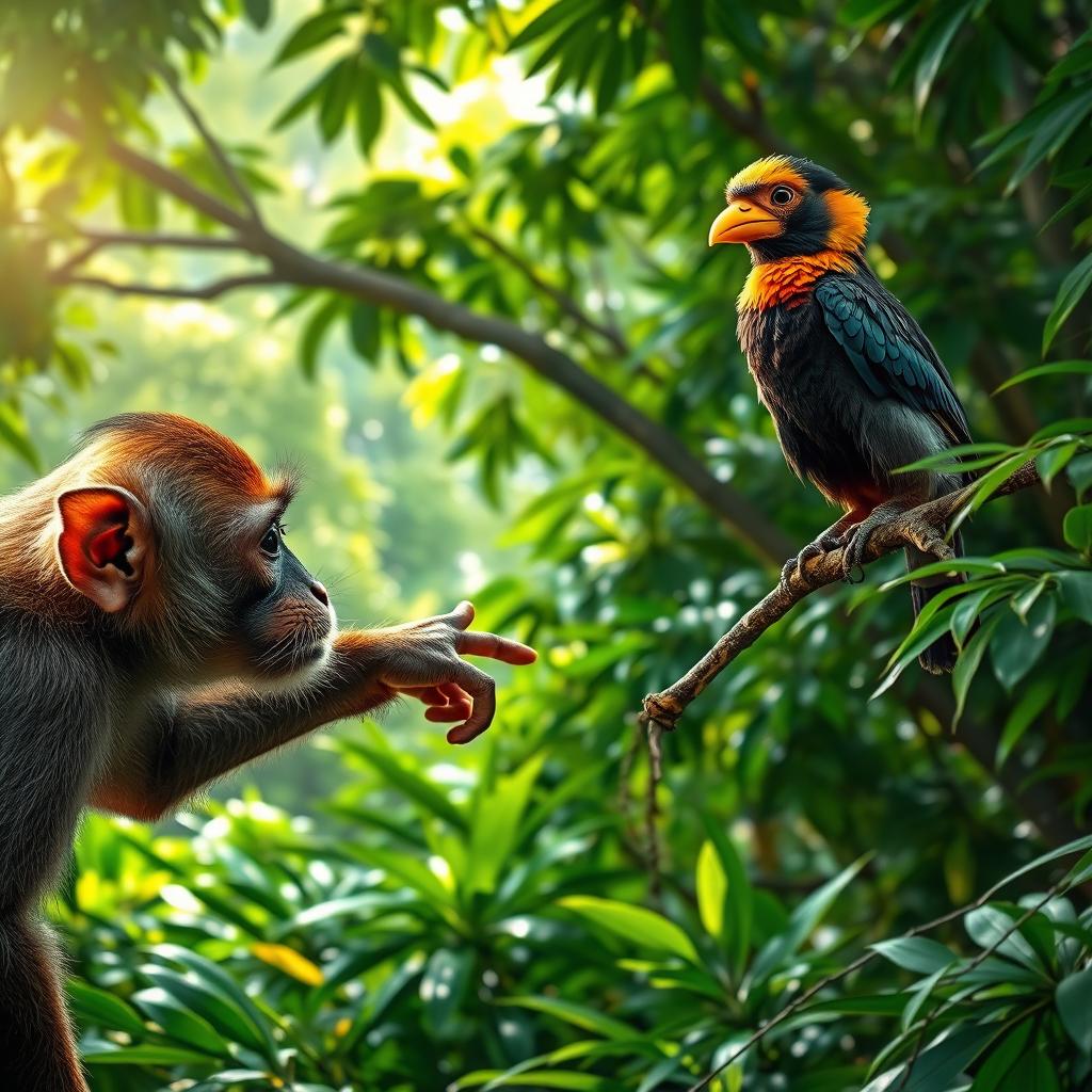 A monkey in the jungle is pointing towards the far end, where a rare myna bird with a golden beak perches on a tree branch