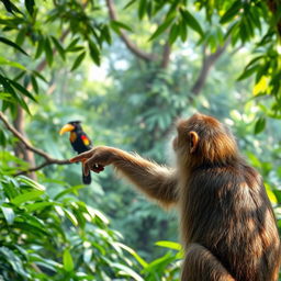 A monkey in the jungle is pointing towards the far end, where a rare myna bird with a golden beak perches on a tree branch