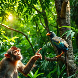 A monkey in the jungle is pointing towards the far end, where a rare myna bird with a golden beak perches on a tree branch