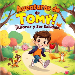 Cover illustration for a children's book titled "Aventuras de Tomy: ¡Ahorrar y Ser Saludable!"