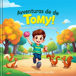 Cover illustration for a children's book titled "Aventuras de Tomy: ¡Ahorrar y Ser Saludable!"