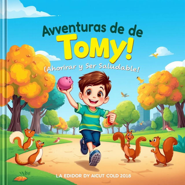 Cover illustration for a children's book titled "Aventuras de Tomy: ¡Ahorrar y Ser Saludable!"